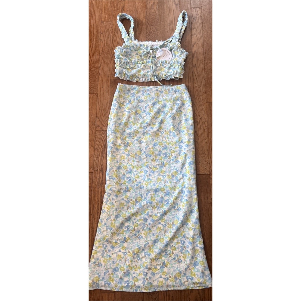 NWT Toby Heart Ginger Floral Ruffle Dawn  Crop Top and Skirt Set XS‎ Blue Green